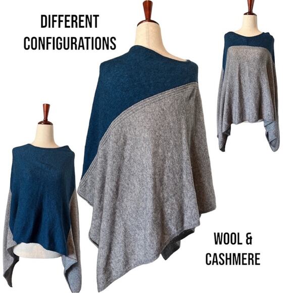 Celeste Wool & Cashmere Teal Grey Gray Poncho Cape Cover Up Sweater Reversible - Picture 1 of 8